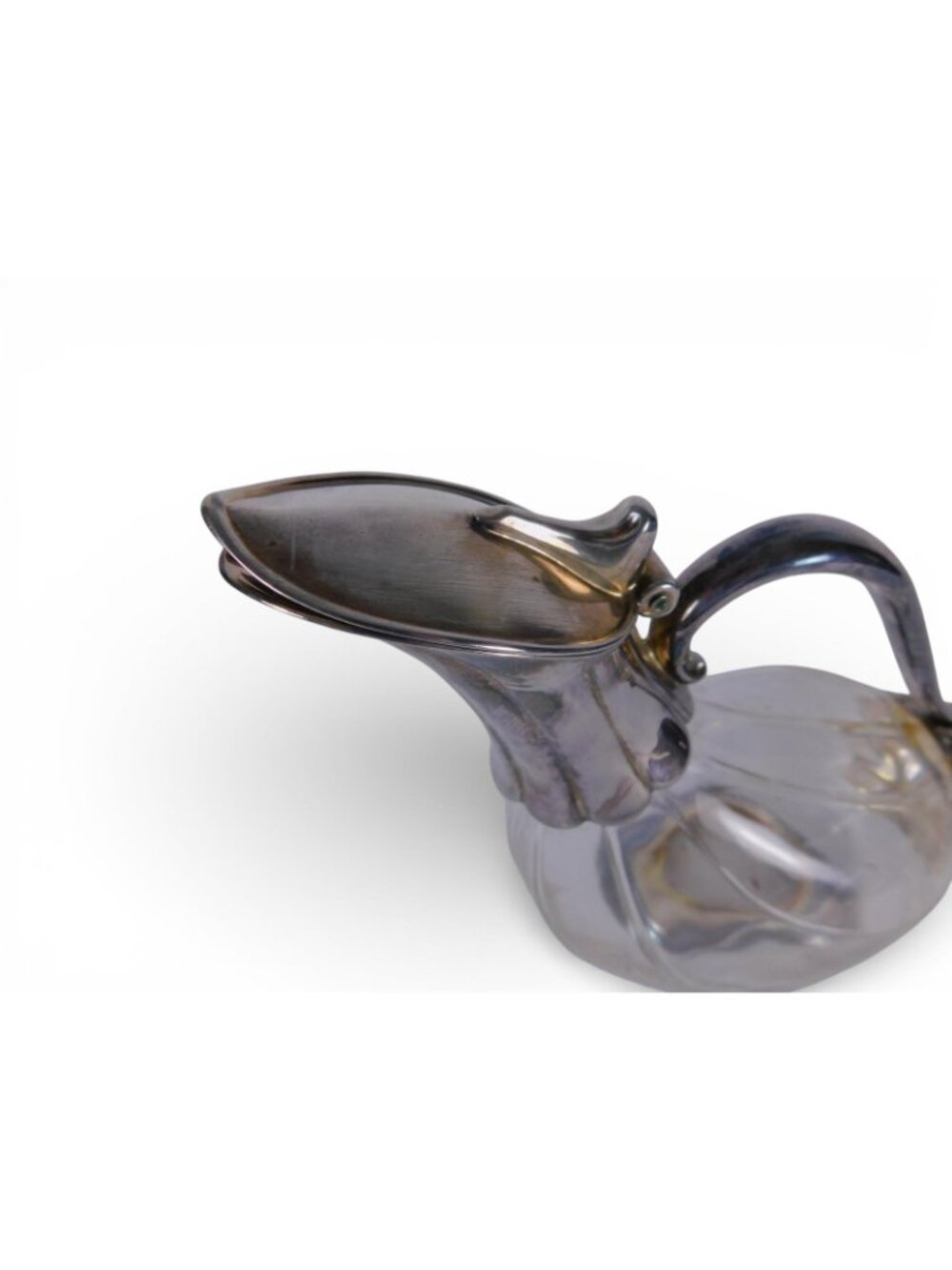 Vintage Clear Glass Art Nouveau Pitcher Metal Mounted Hinged Lid Handle Unmarked - Picture 6 of 9